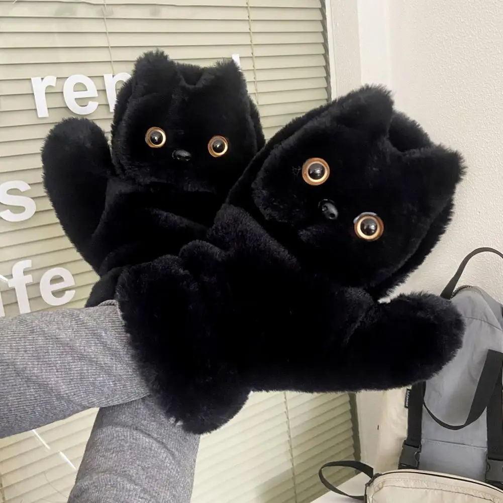 Plush Cat Gloves Winter Warm Cute Fingerless Gloves for Women Furry Faux Fur Black Cat Mittens for Outdoor Activities