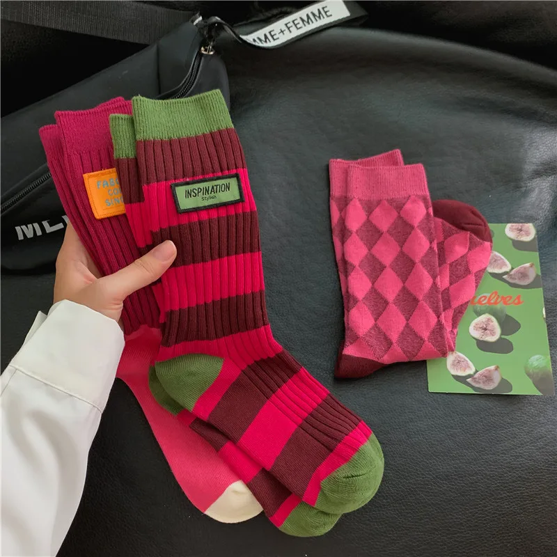 Women\'s Spring Antumn Cotton Color Long Socks Mid-tube Stockings Cute Rose Red Pile Pile Socks Sweet Style For Girls Gift Kawaii