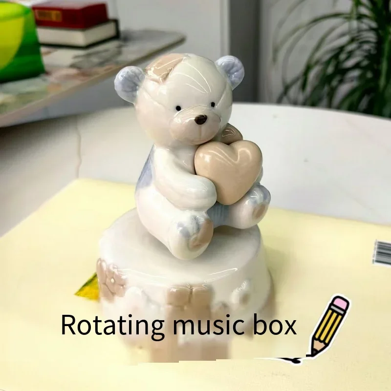 Pastel Ceramic Teddy Bear Rotating Music Box, Floral Base Cute Animal Figurine Girls Bedroom Table Decor Gift