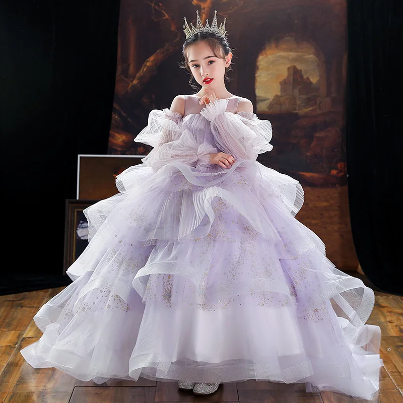 Children's Formal Dress Princess Dress Purple Girl Piano Performance Dress Host Evening Dress Stylish Catwalk Tail Dragging Domi