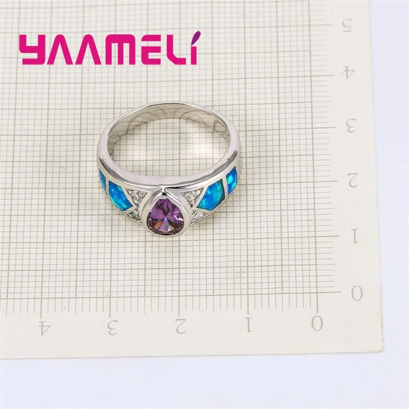 Winter Sale Exquisite Charming Water Drop Crystal Silver Ring Wide Blue Fire Opal Fashion 925 Sterling Silver Jewelry for Women