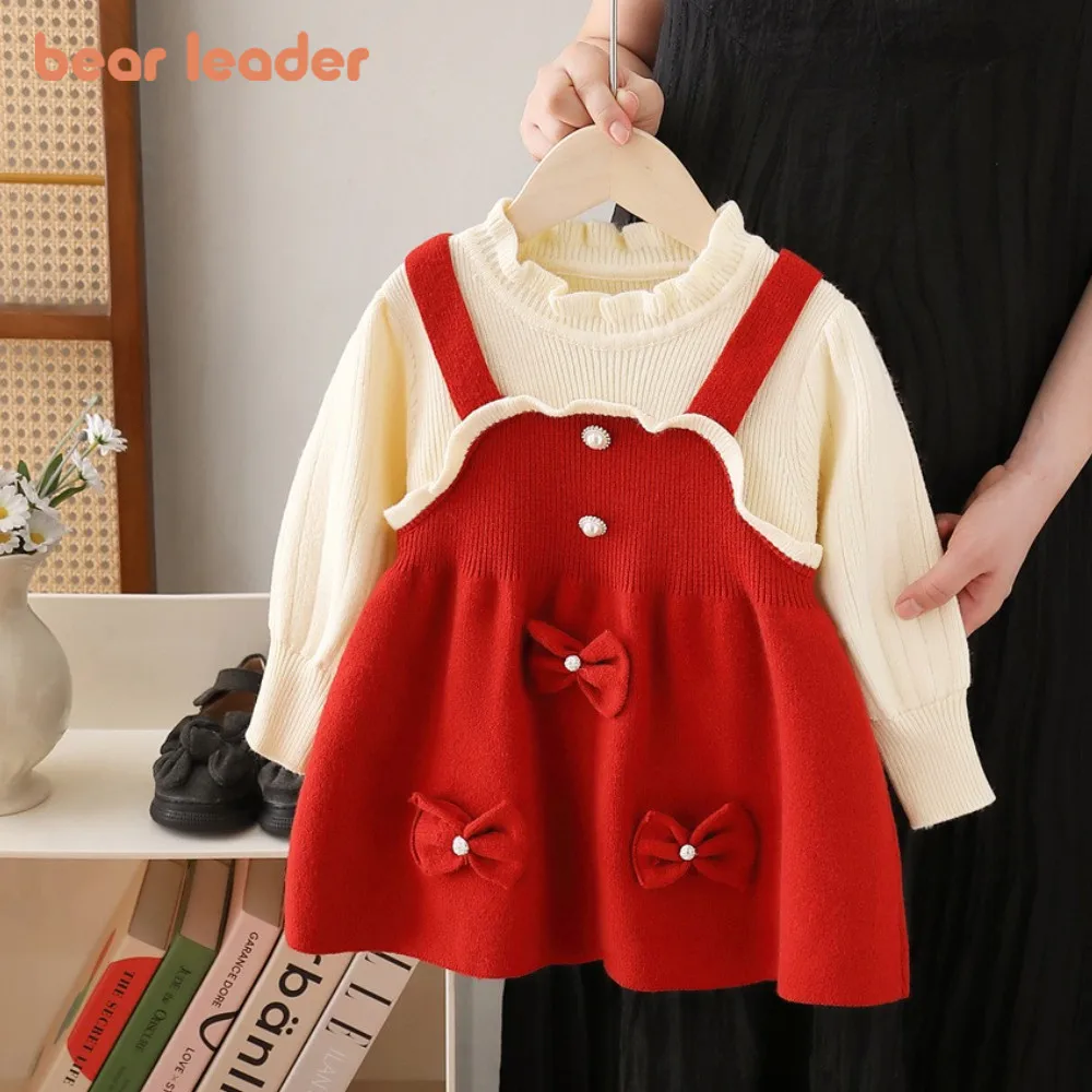 ベアリーダー-ガールズ-セータードレス-2025-秋冬新作-フェイクツーピース-カラーブロック-リボン-クリスマスドレス