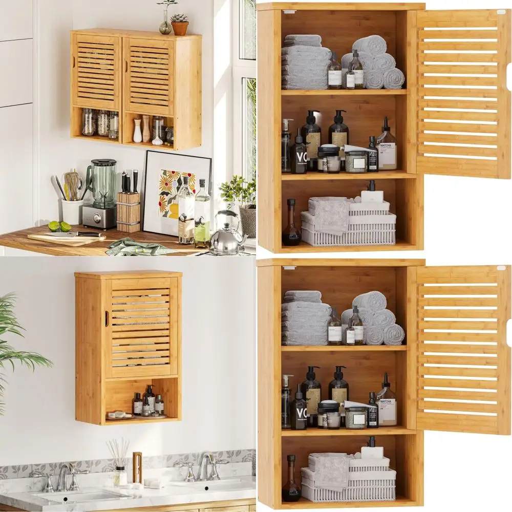 

Wooden Single-Door Medicine Cabinet with Adjustable Shelf, Wall-Mounted Bamboo Storage, Over Toilet Cupboard, 15.7L x 7.8W x 23.