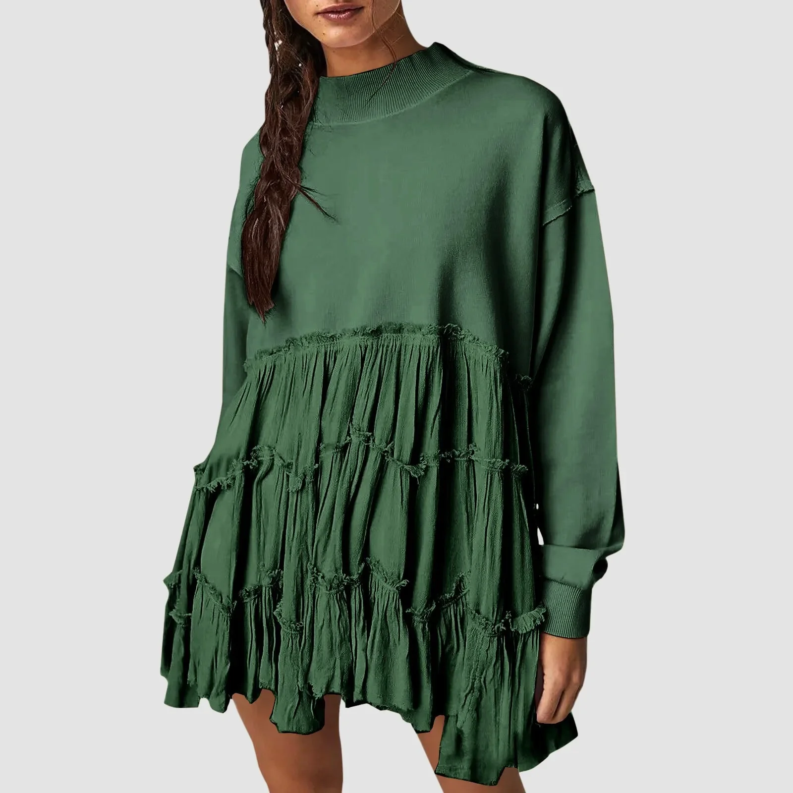 

New Long Sleeve A-Line Dress 2023 Autumn/Winter Women's Solid Color Loose Pullover Fashion Splice Round Neck Dress Vestido