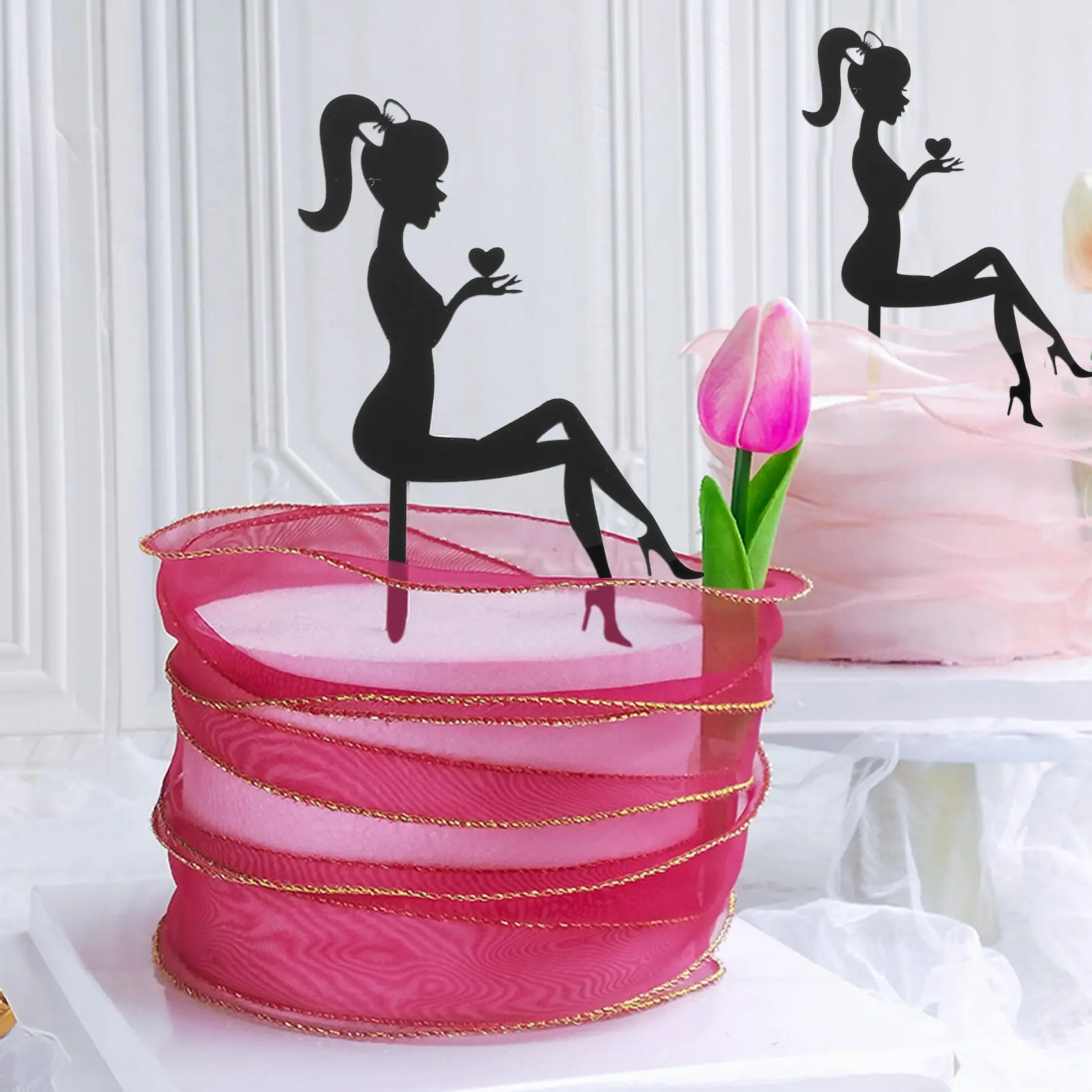 6PCS High Heels Woman Silhouette Pattern Girl Birthday Cake Decoration Cake Topper(Black)