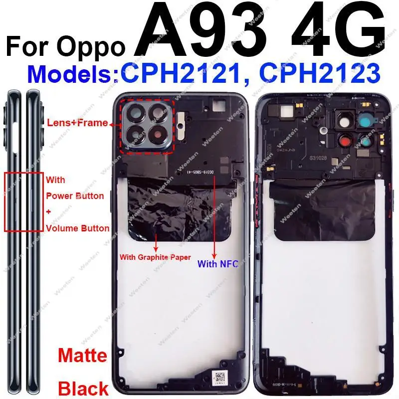 For OPPO A93 A93s 4G 5G Middle Housing Frame Cover Bezel with NFC Side Button Camera Lens Frame Replacement