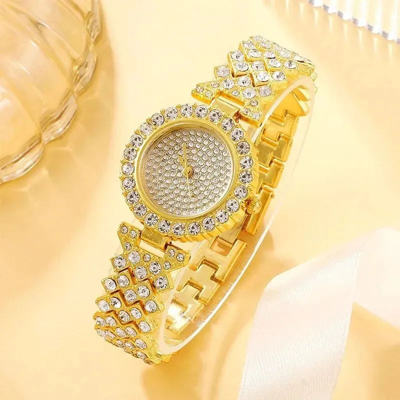 2pcs Women\'s Fashion Simple Gold Steel Band Quartz Watch Female Clock Women Bracelet Watches Set With Diamonds