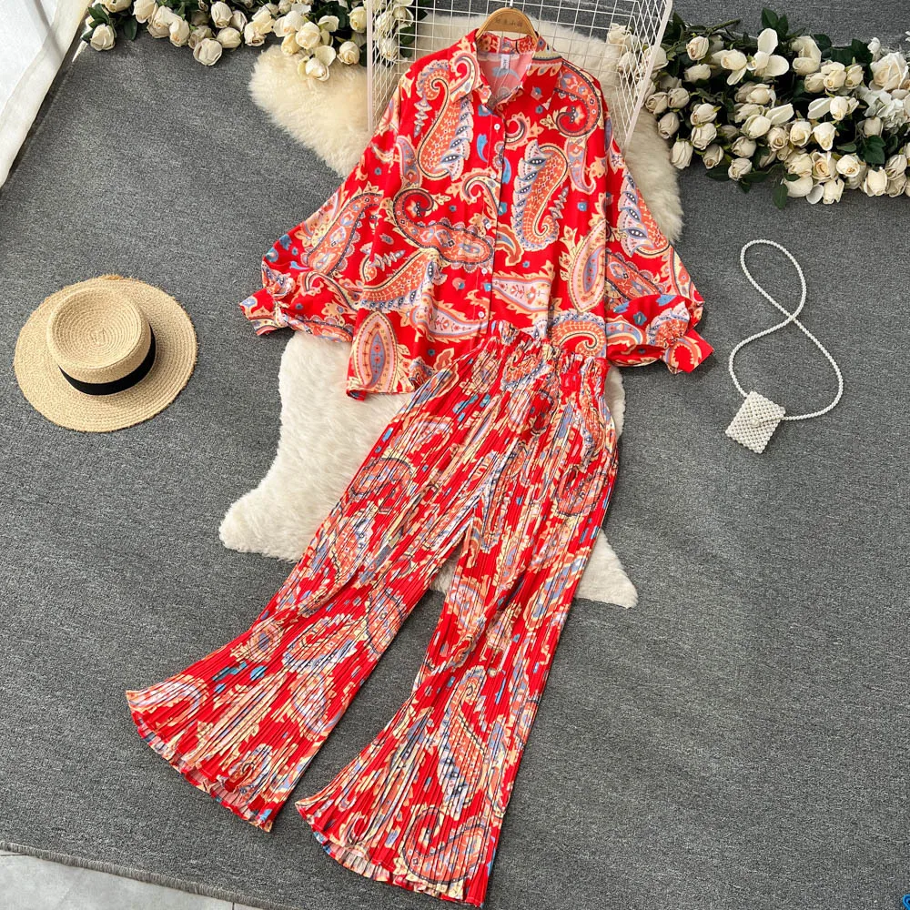 Loungewear Women Floral Casual Elegant 2 Pieces Set Loose Shirts Tops Wide Leg Pant Pajamas Suit Female Fashion Vintage Clothes