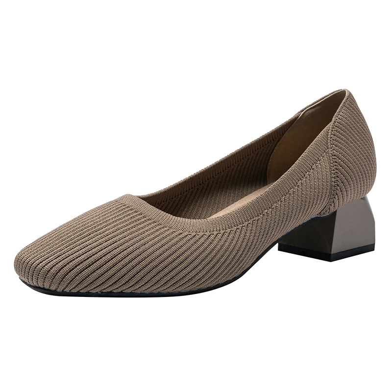 Straight Grain Square Toe Princess Shoes Thick Heel Single Shoes Women Summer Mid-Heel 4cm Breathable Knitted Soft Sole Casual view 6