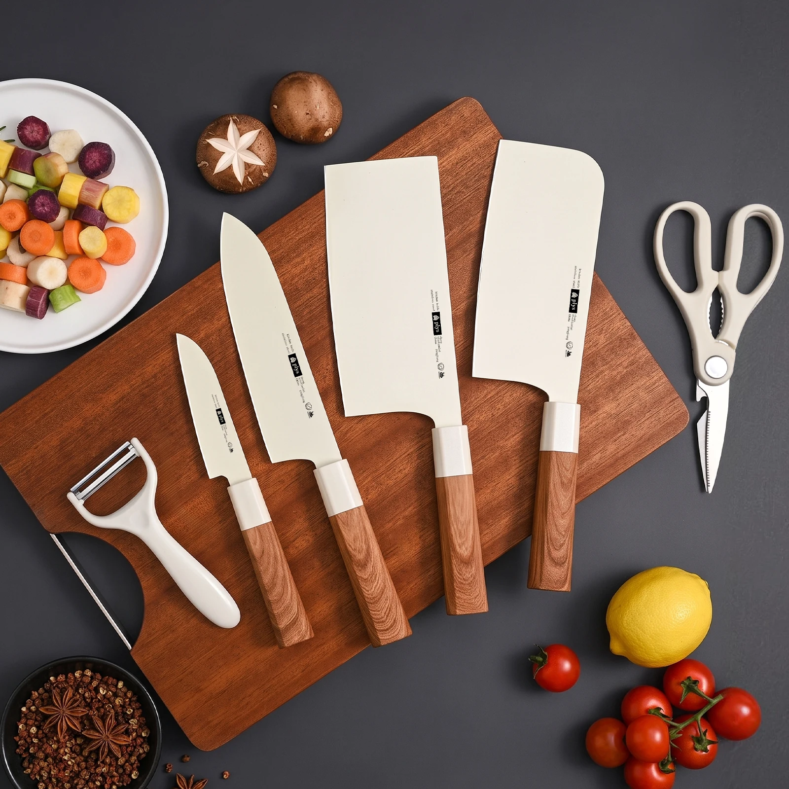 6pcs Kitchen Knife Set Stainless Steel Chef Knife with Wooden handle Sharp Meat Cleaver and Fruit peeler for Kitchen Cooking