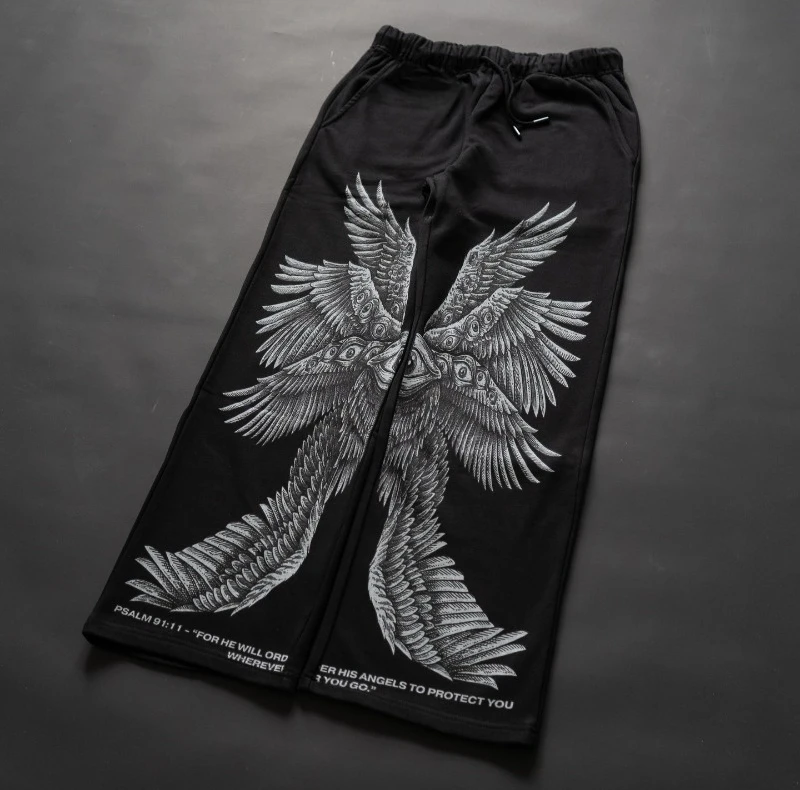 

The Angel Print Casual Sweatpants Black Polyester Elastic Drawstring Waist Straight Machine Comfortable Clothing Sporty Pants