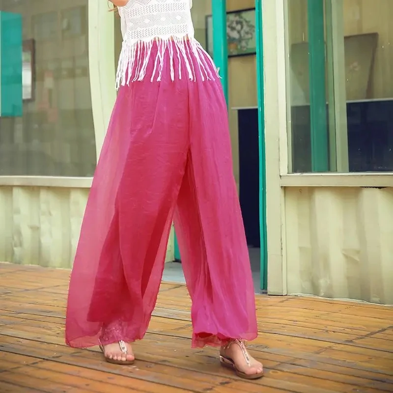 Candy colors Summer loose large size beach pants Elasticity high waist skirt pants fashion chiffon pants wide leg pants A114