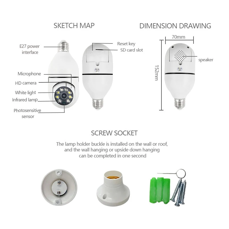 كاميرا Heltec WIFI الذكية E27 لمبة كاملة الألوان للرؤية الليلية كاميرا مراقبة الأمن تدعم تتبع الإنسان والاتصال الداخلي الصوتي #3