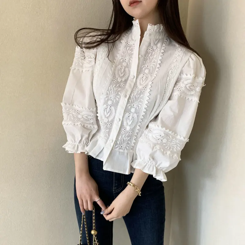 E Lely المطرزة irt Sli الخصر Cinching انتفض Sves الوقوف طوق القطن فام الربيع الصيف جديد Sle Sol... #1