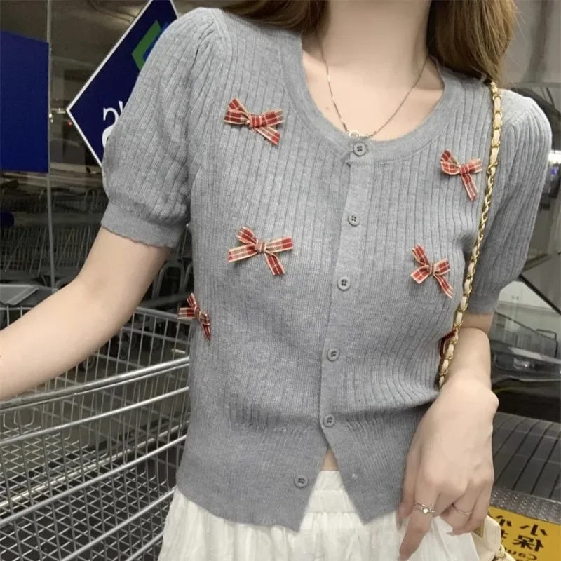 Knitted Short-sleeved Shirt Women Summer Sweet Lovely Girls All-match Casual Colthing Slim Fit Fashion Prevalent Bow Design Cozy