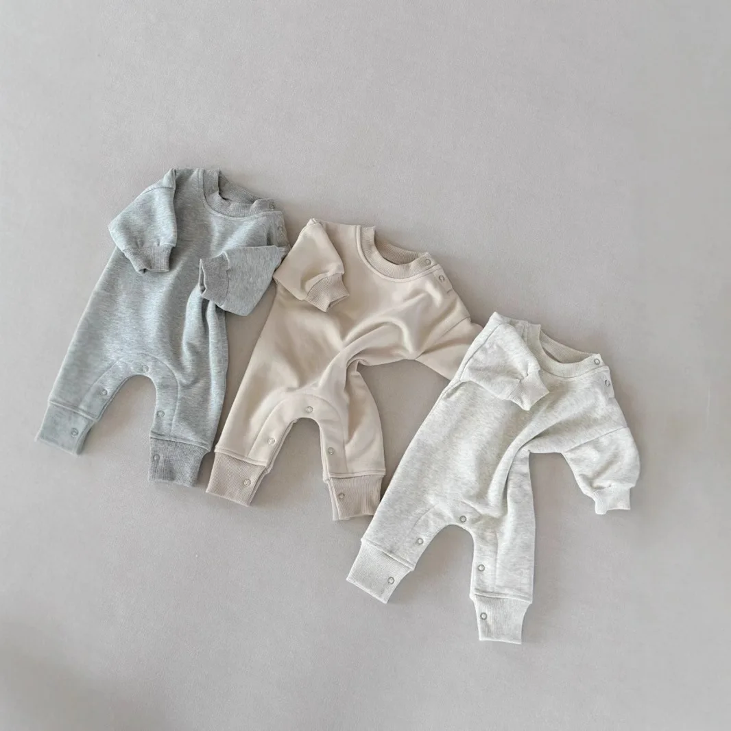 2026 Autumn Winter Ins Style Solid Color Fleece Baby Romper Thick Warm Outerwear Unisex Kids Crawling Onesie