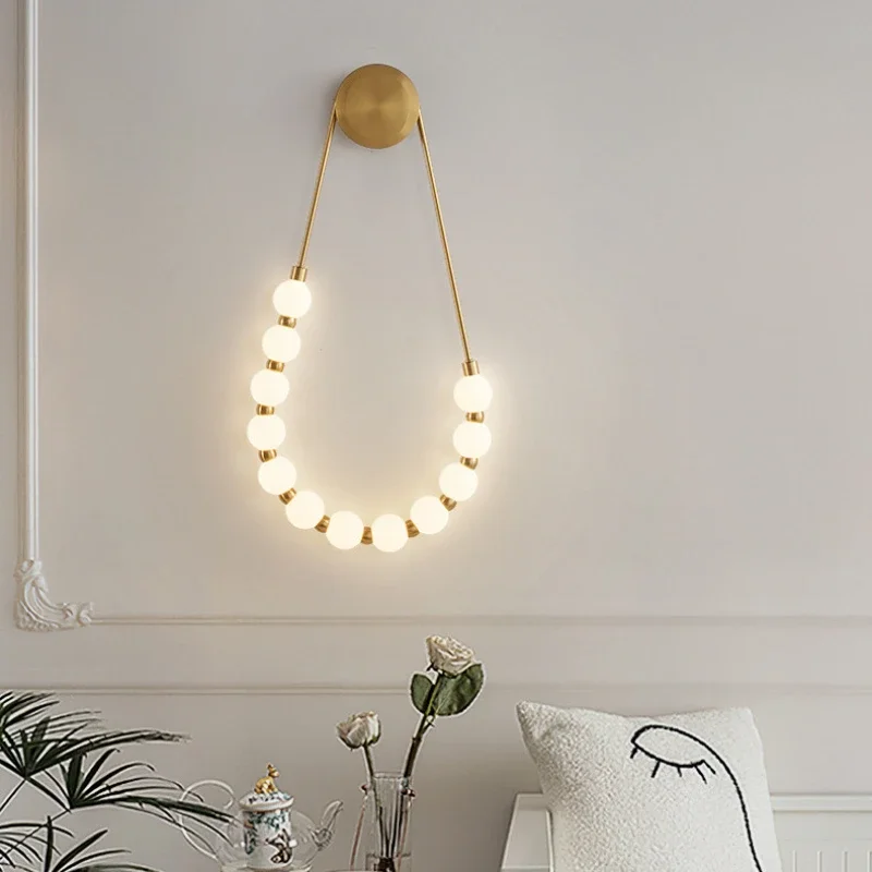 

French LED Necklace Wall Lamp Hotel Bedroom Living Room Aisle Cream Wind Background Decorative Light Bedroom Bedside Wall Lamp