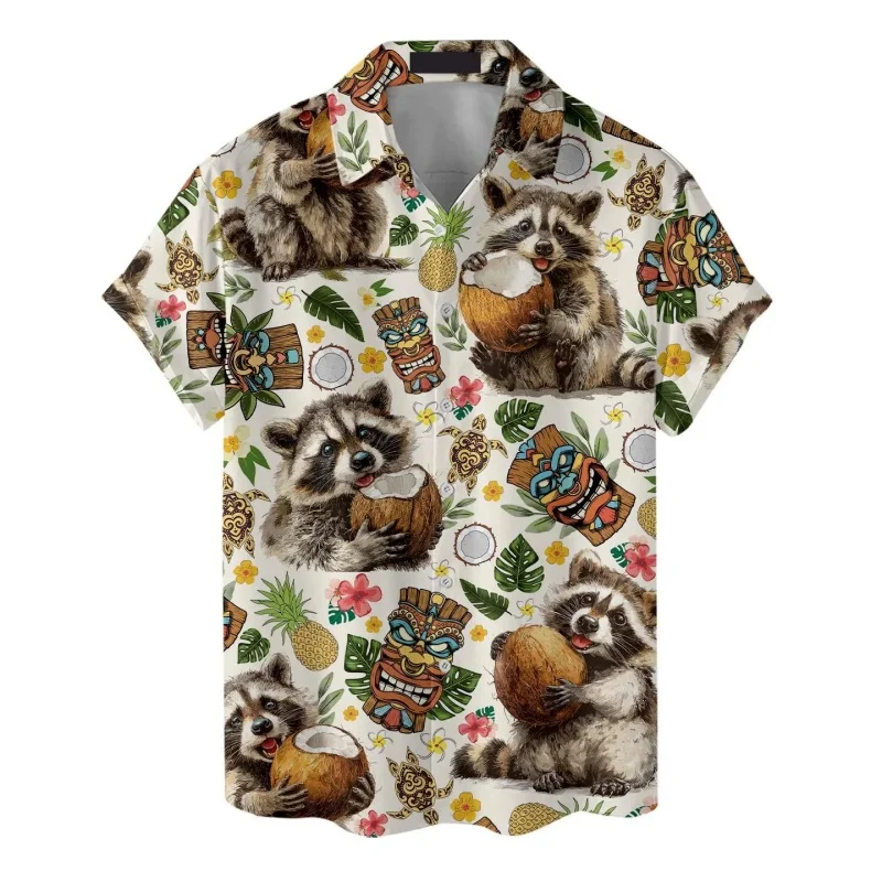 

Coconut Raccoon Pattern Hawaiian Shirt For Men Retro Tribe 3D Printed Short Sleeves Summer Loose Aloha Shirts Lapel Tops Blouses