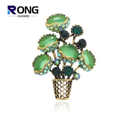 Fashion Green Opal Venus Flytrap Brooches For Women Crystal Bonsai Lapel Pin Lady Clothing Accessories Vintage Plant Corsage