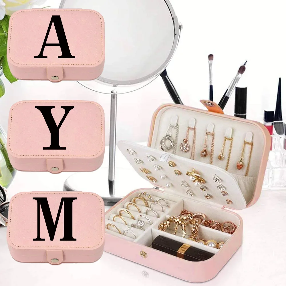 New Portable Travel Mini Jewelry Box Leather Jewelry Ring Organizer Box Collection Gift Box Girl Women (pink) Black Letter Print