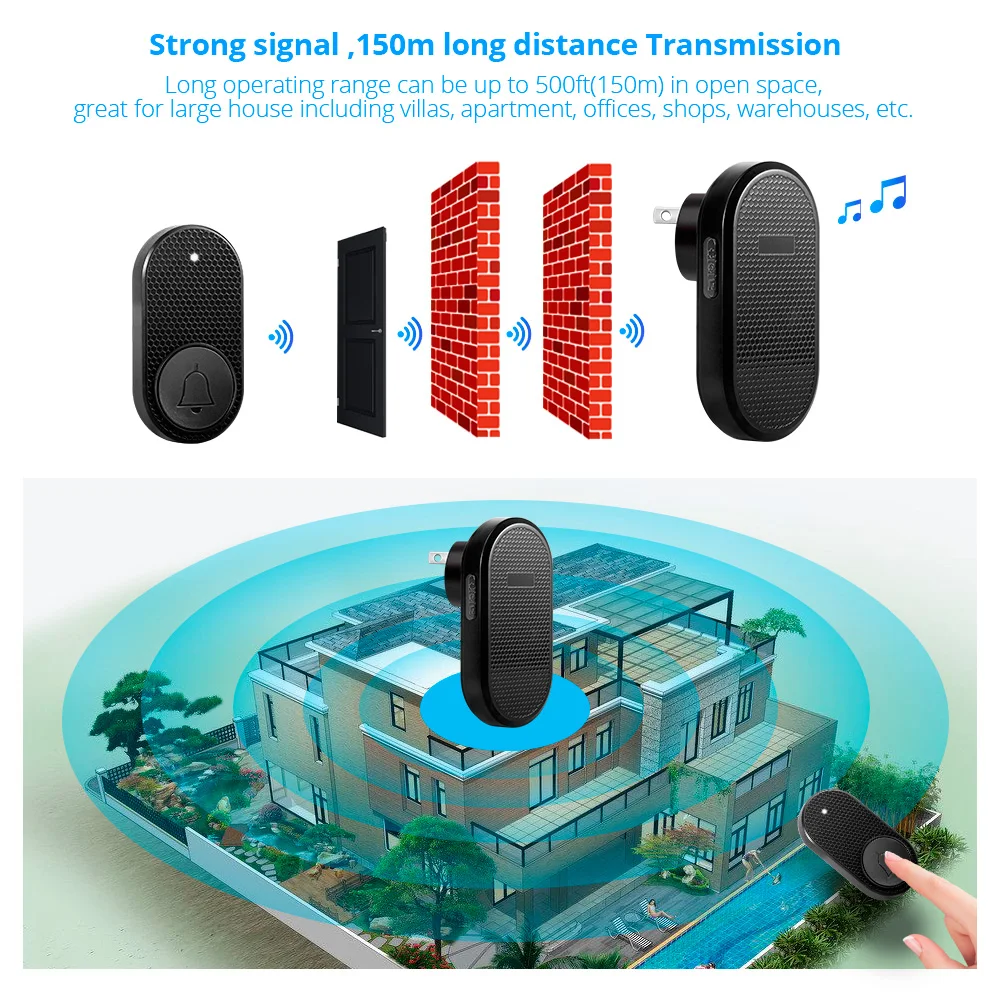 M558 Doorbell Wireless Door Bell Welcome Chime for House 33 Ringstones 4 Levels Adjustable Volume Home Alarm with Battery