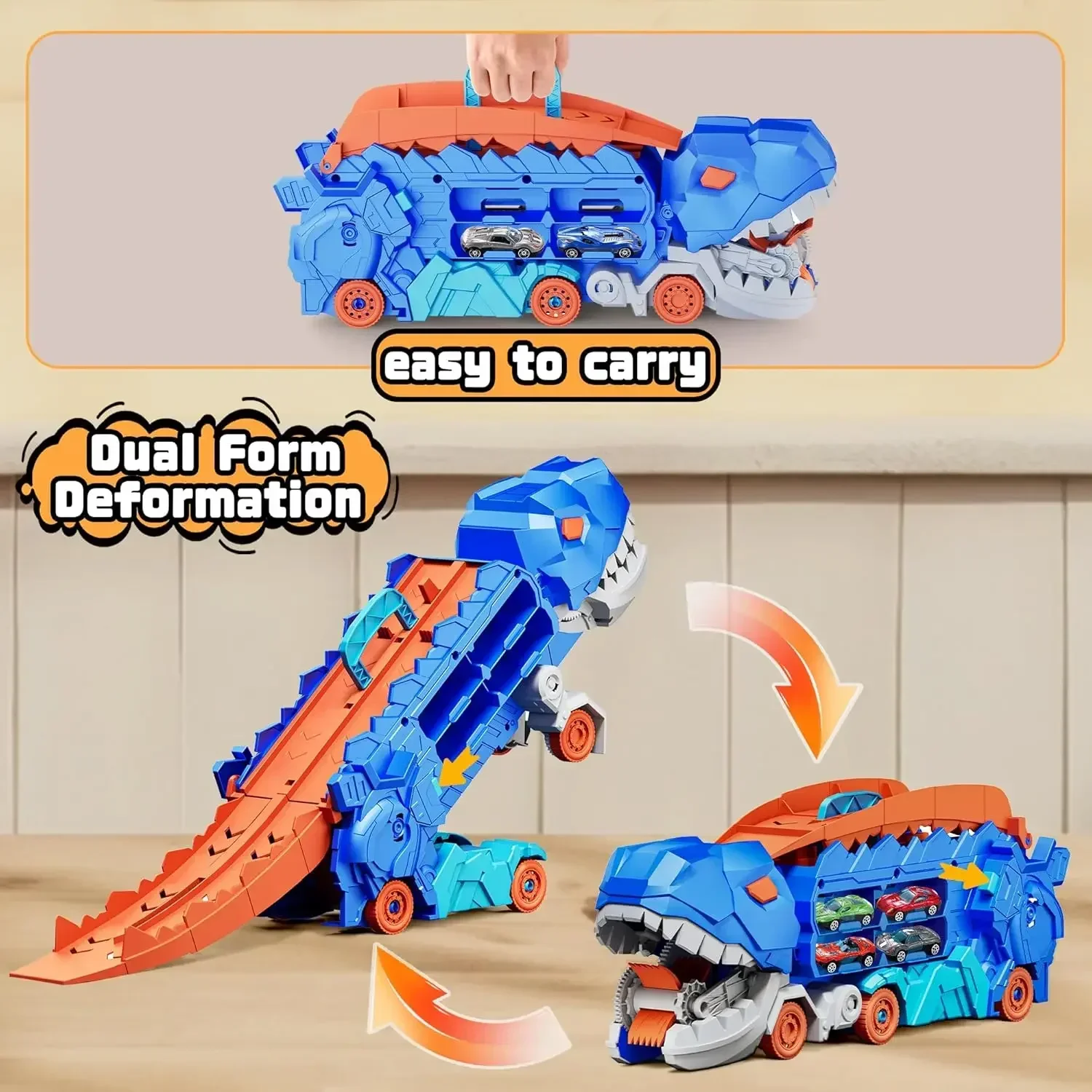 Transport Dinosaur Truck with Foldable Sliding Race Track Alloy Car Transforms into Standing T-rex Best Birthday Gifts Toys Boys