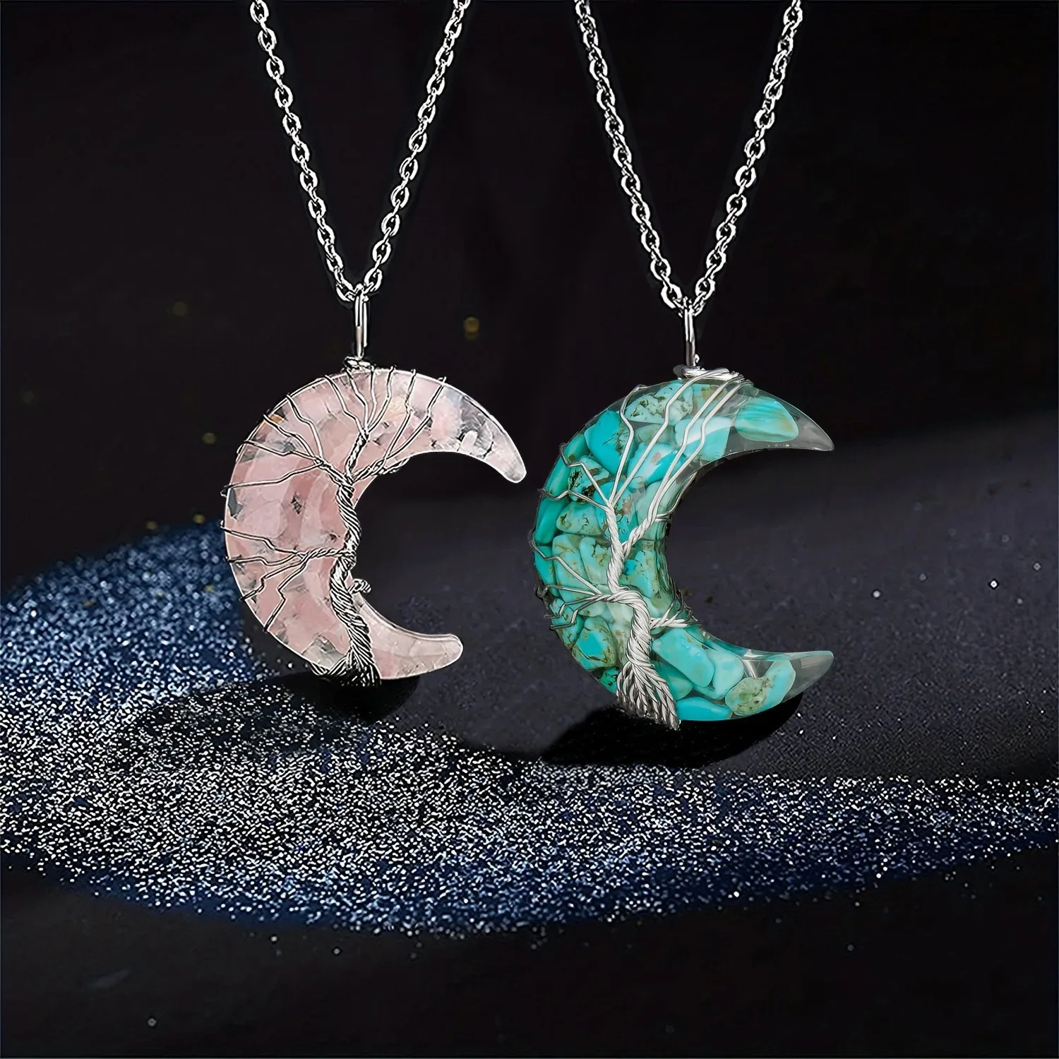 Wire Wrapped Tree Of Life Crescent Moon Pendant Necklace Natural Crystal Gemstone Jewelry Unisex Gifts For Women Men Daily Wear