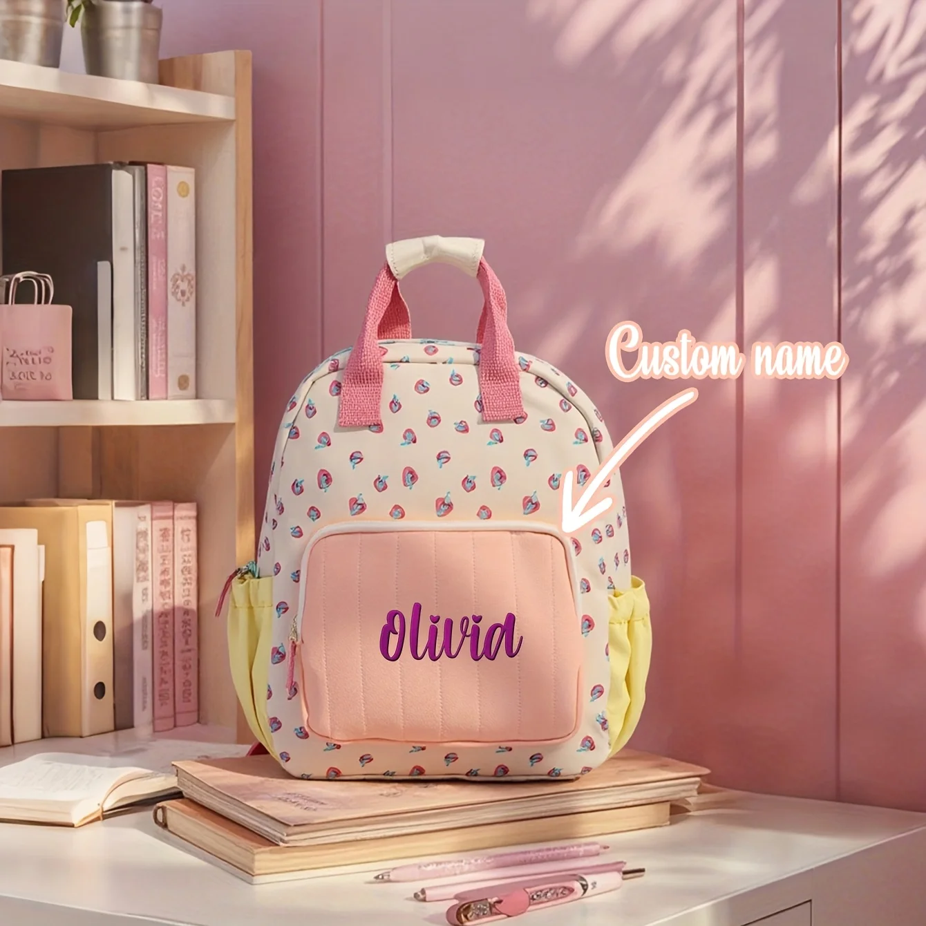 

Детский холщовый рюкзак с вышитым клубничным принтом на заказ | Симпатичная сумка Dopamine Color-Block для школы и вечеринок