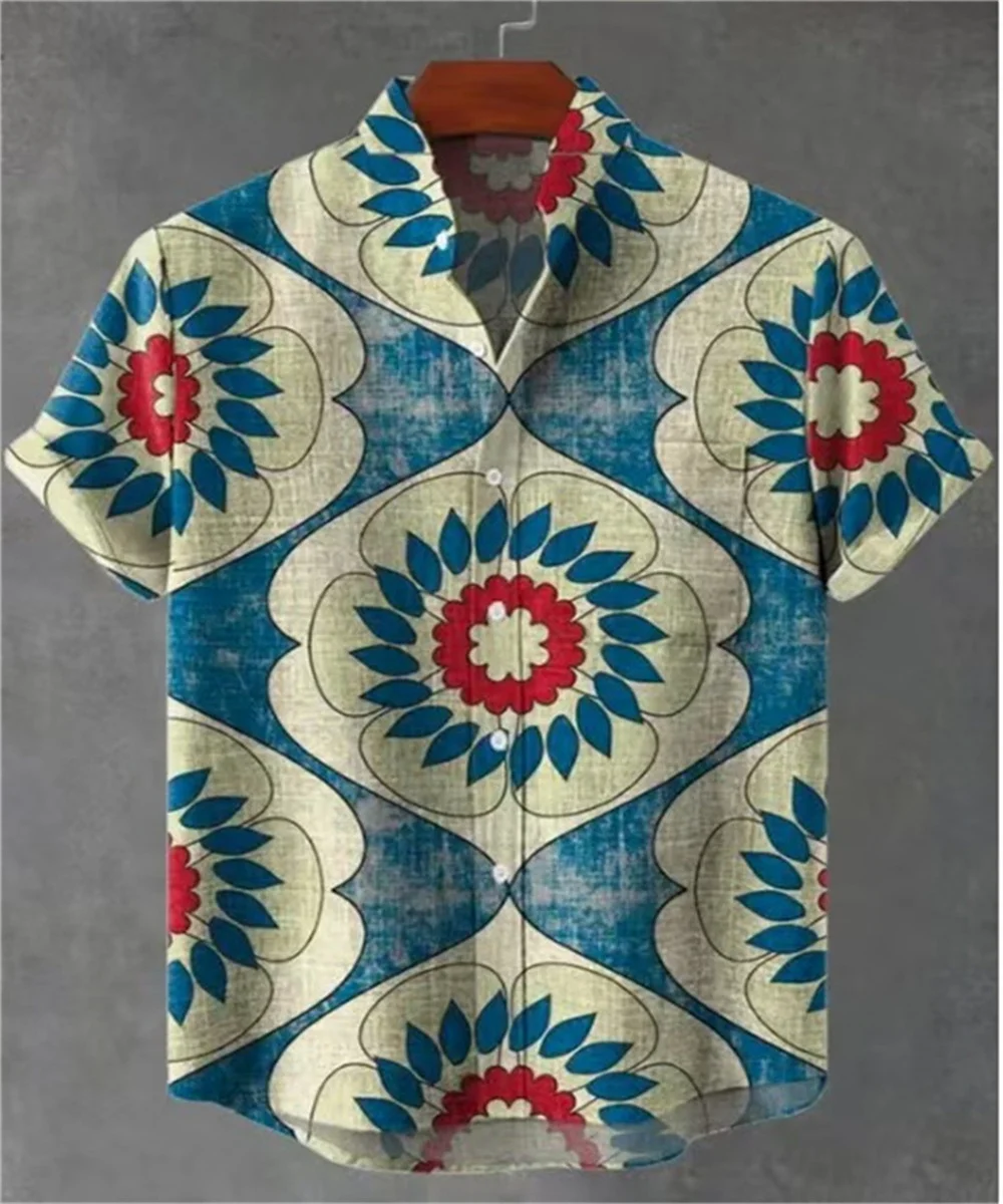 Men's new casual 3D printed square graphic vintage art linen short-sleeve stand-collar shirt comfortable button top
