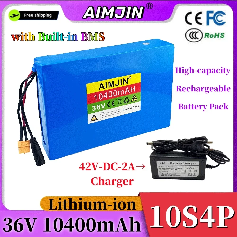 

36V 10S4P 10400mAh Lithium-ion Battery Pack High Quality with BMS for Electric Bicycle Scooter Battery Replacement+42V Charger