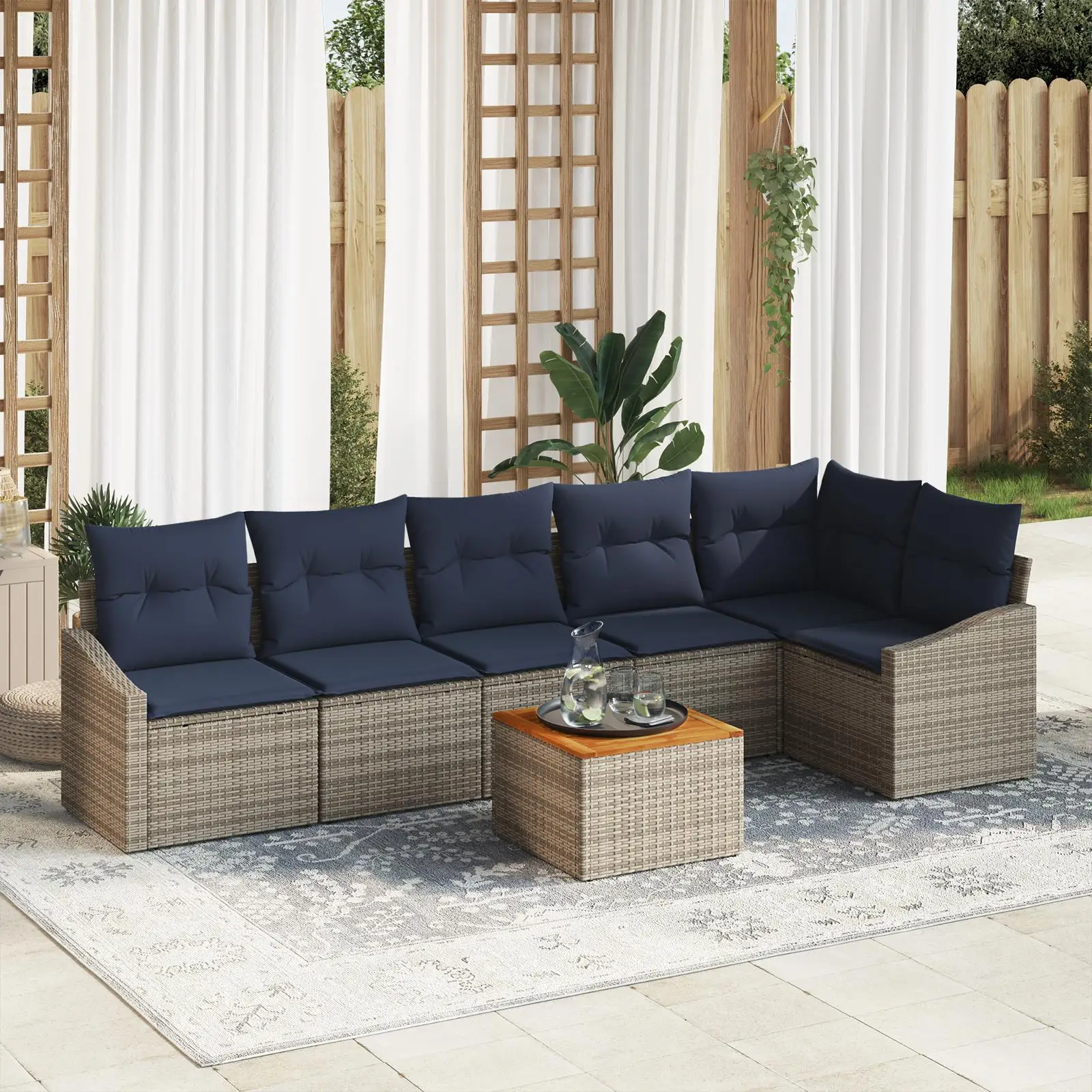 

7 Piece Outdoor Sofa Set with Cushions Grey Poly Rattan and Acacia Wood for Garden Patio Furniture