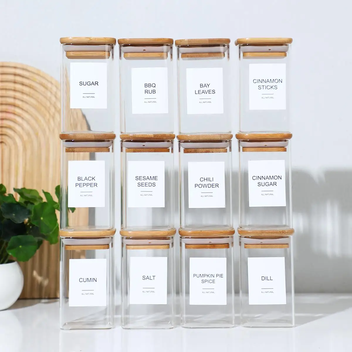 12/18/24 Pcs Square Glass Spice Jars Set with Airtight Bamboo Lids 8oz 250ml Clear Empty Food Storage Containers Kitchen Pantry Organizer for Seasoning Herb Tea Coffee Eco-Friendly Reusable Canisters