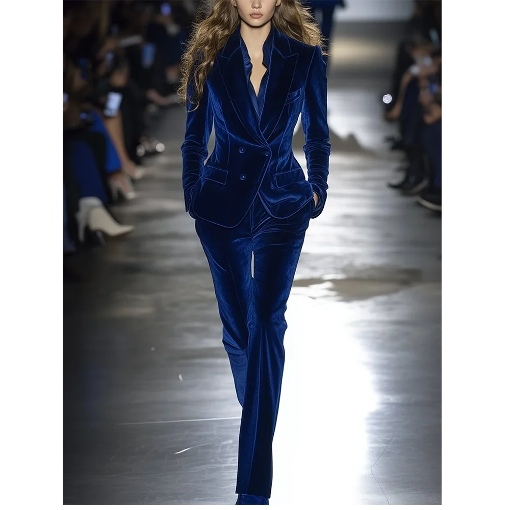 

Темно-синий бархатный костюм, элегантный двубортный прямой наряд, модный женский костюм с остроконечными лацканами, комплект из двух предметов, повседневный офисный женский комплект