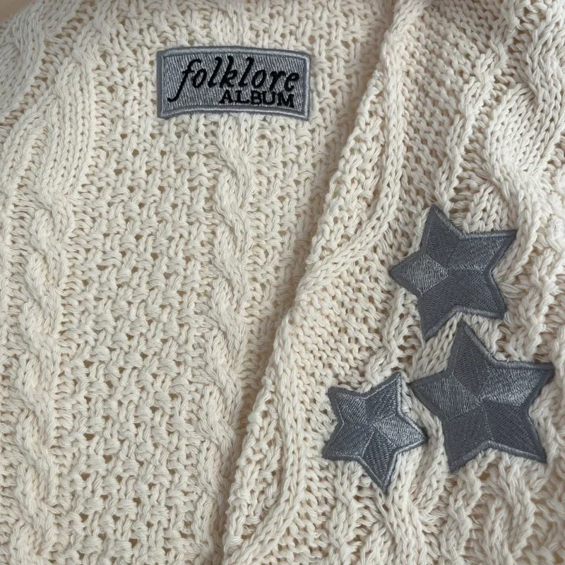 Limited Edition Folklore Cardigan Women Letter Patch Beige Knitted Cardigans with Star Embroidered Female Winter Autumn Sweaters