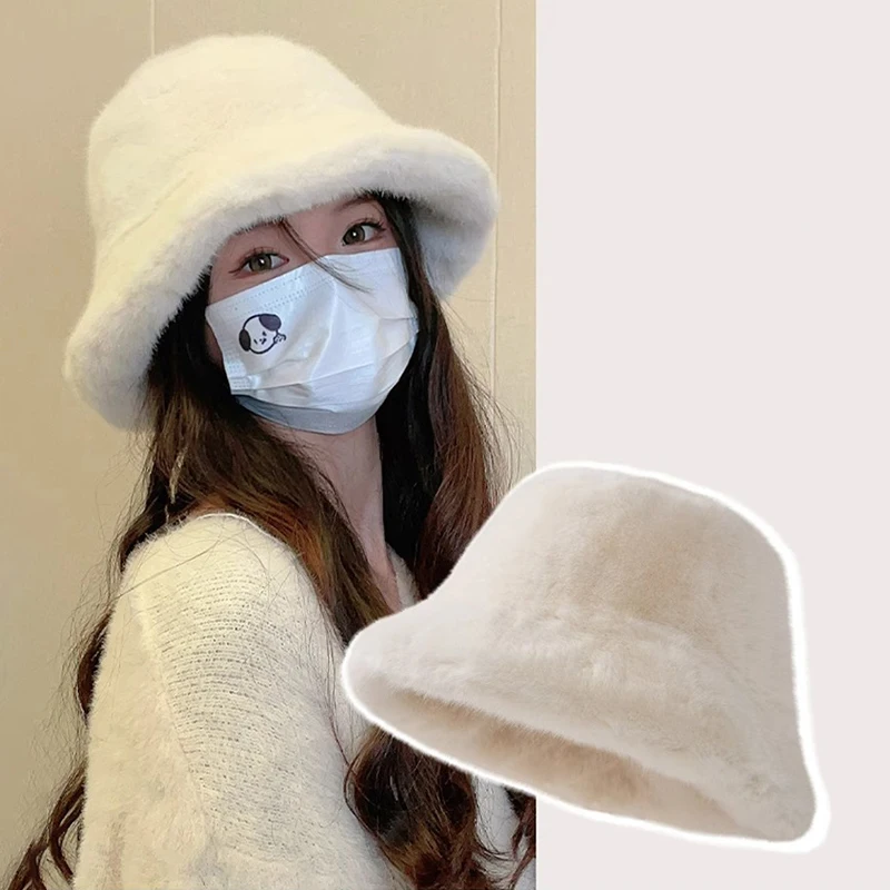 New Winter Windproof Warm Women's Fashion Solid Color Plush Hat Bucket Cap Fluffy Fisherman's Hat Ear Protection Cap Panama Caps