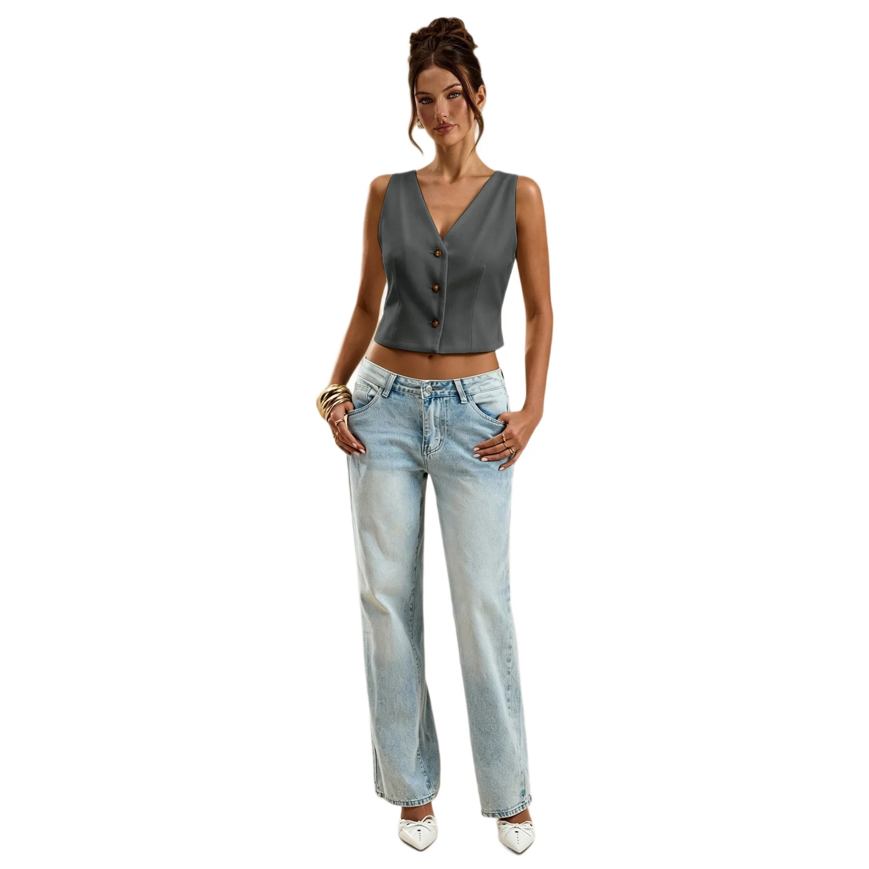 New Hot Style V Neck Sleeveless Top Women Back Cross Button Waist Slim Crop Vest - view 5