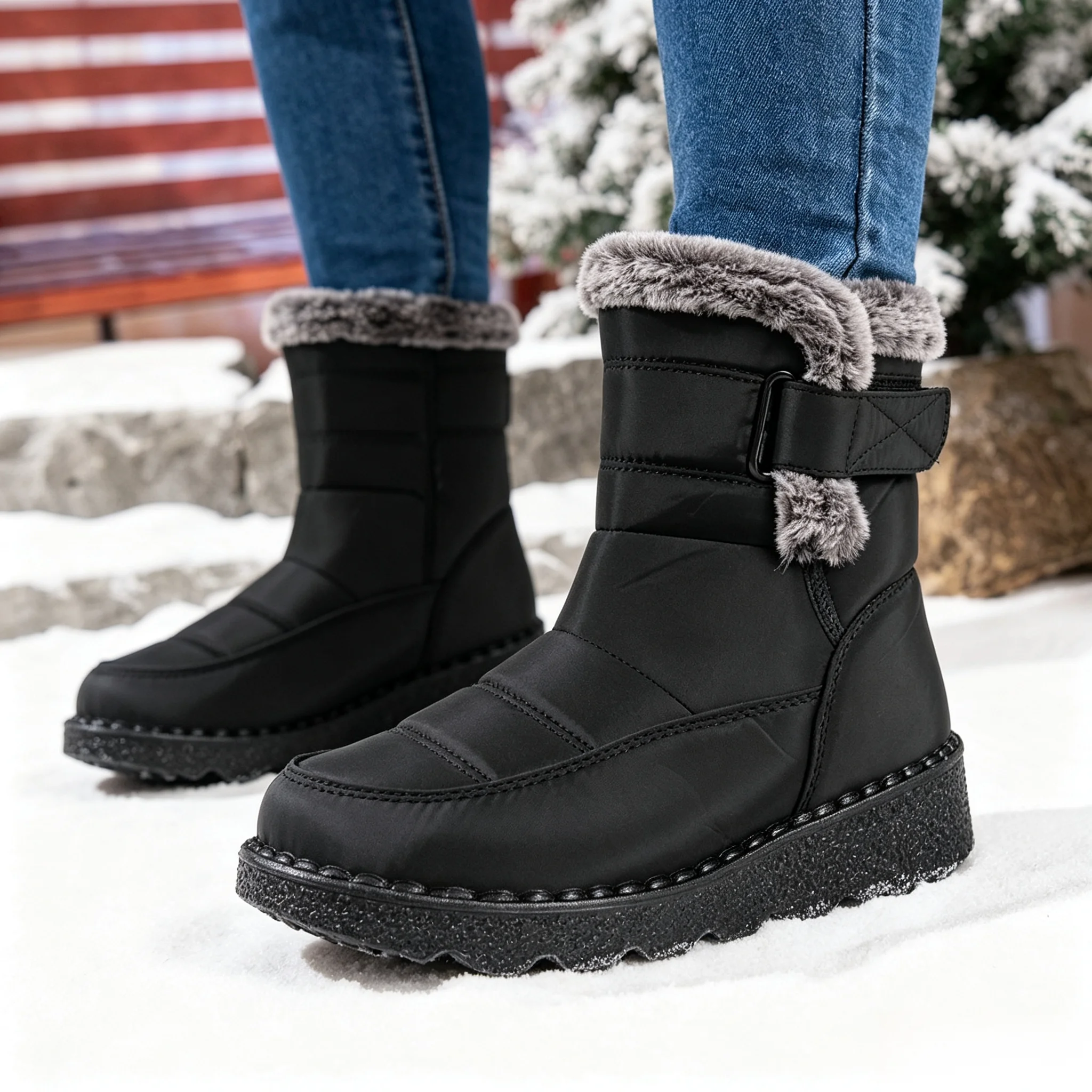 Damen Winter Pelzige Plateau-Schneestiefel 2026 Trend Wadenlange Winterstiefel Wasserdicht Rutschfest mit Schnalle Warm Flauschig Outdoor – Detail 4