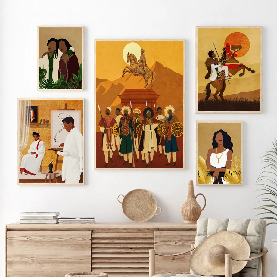 Abstract Ethiopian Horseman African Landscape Trible Woman Poster Wall Art Pictures Canvas Painting Home Room Decor Gift