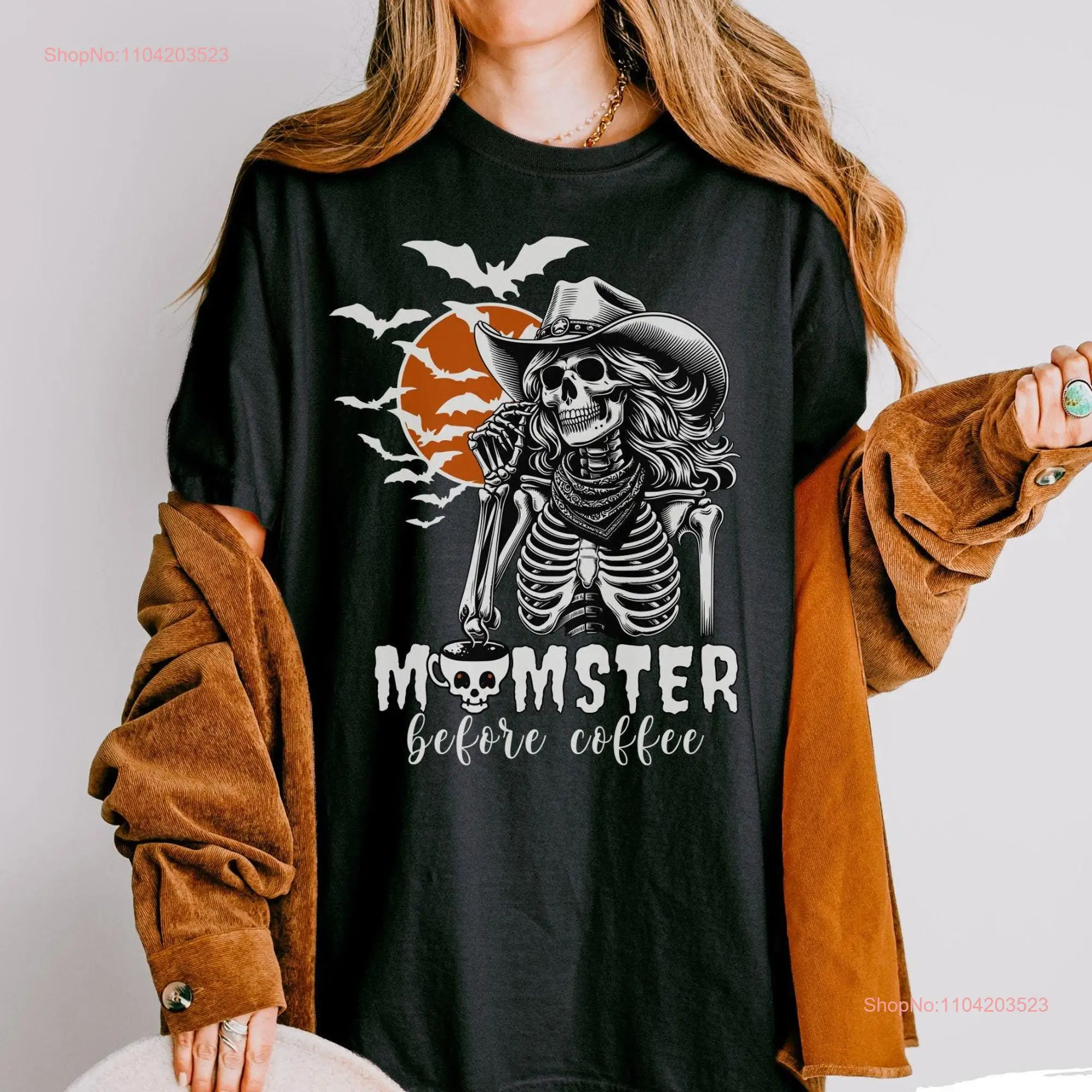 Momster Before Coffee shirt T Western Halloween Skeleton drinking funny 2024 long or short sleeves