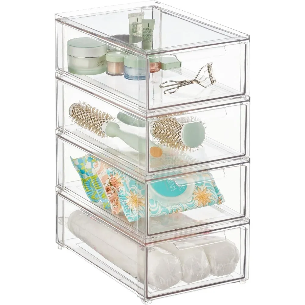 

Clear Stackable Bathroom Storage Bins with Pull-Out Drawers, 4-Pack for Vanity, Cabinet & Closet Organization