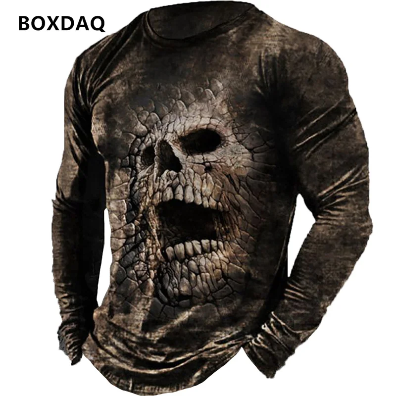 Horror Skulls 3D Printing Men Street Style T-Shirts Spring Autumn Long Sleeve Skeleton Pattern Man Casual Tees 6XL Big Size Tops