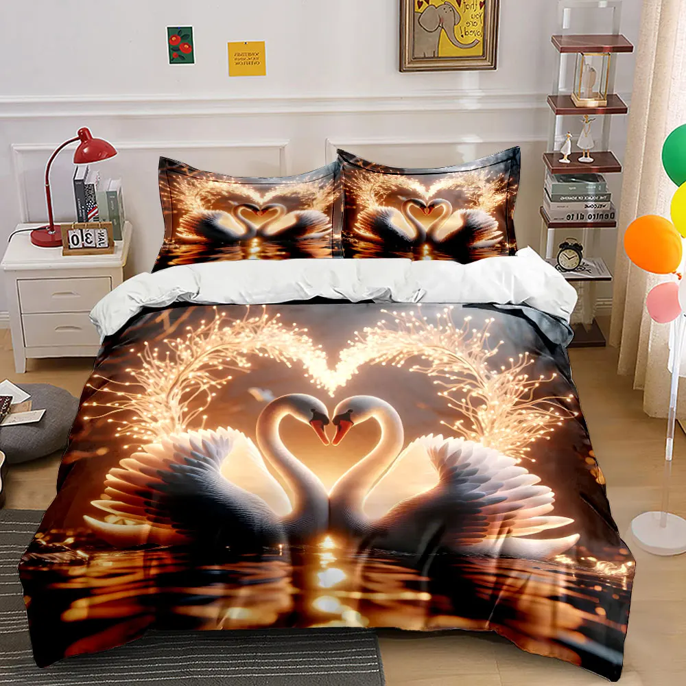 Romantic swans with glowing heart Print Bedding Set 1 Duvet Cover 2 Pillowcases for Adult and Children Luxury Gift Full Size