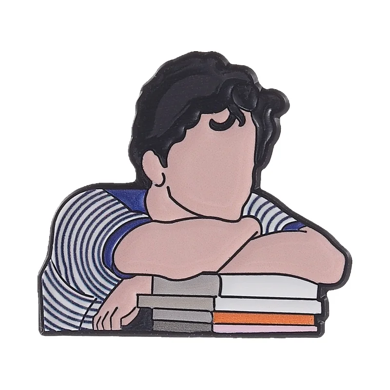 American Same Sex Youth Love Movies Enamel Pins Cartoon Boy Elio Resting Head on Stack of Books Brooch Lapel Badge Jewelry Gifts
