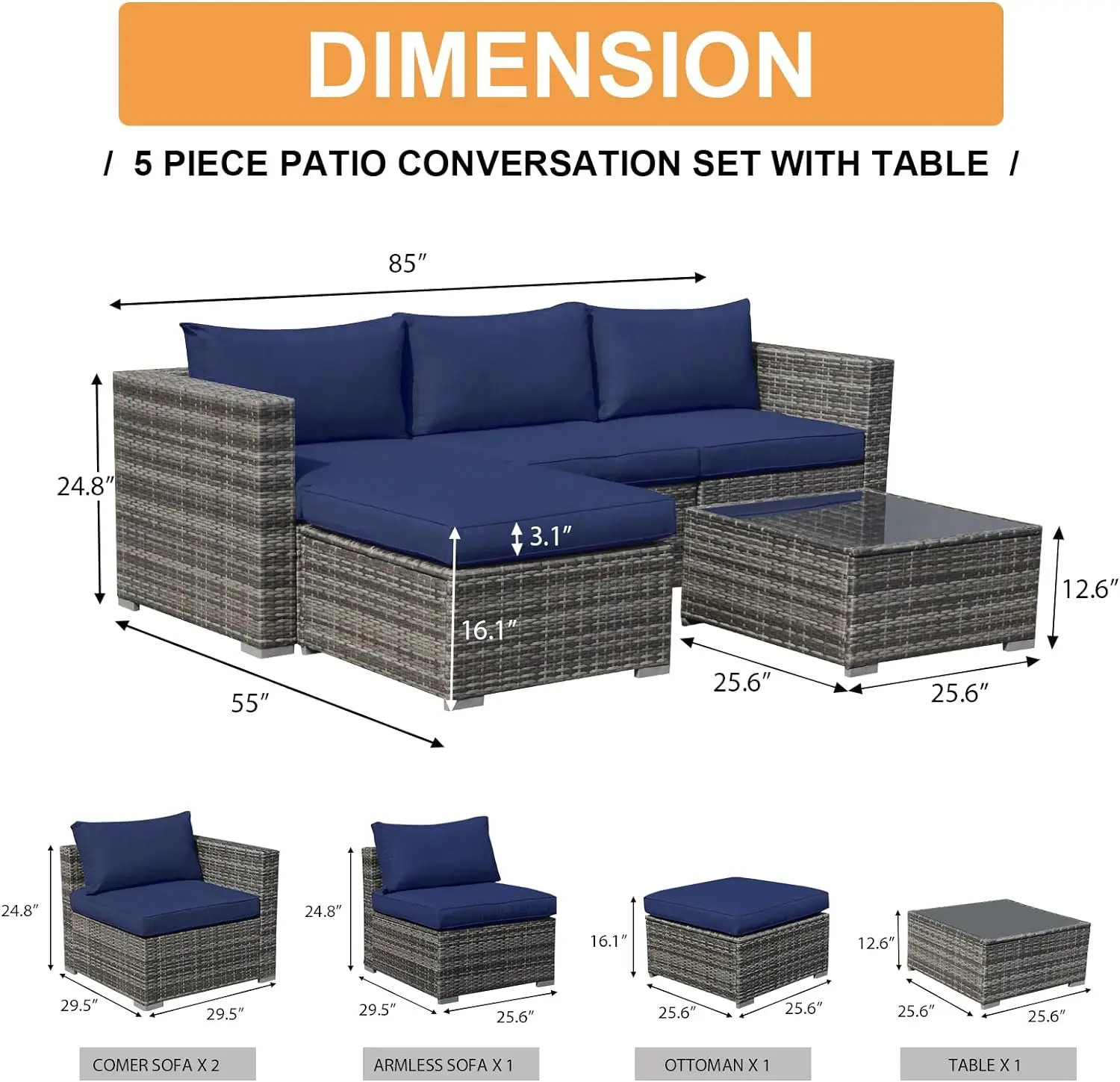 Outdoor Patio Furniture Set, 5PCS PE Wicker Outdoor Sectional Sofa Set, Rattan Patio Conversation Set w/ Cushions & Coffee Table