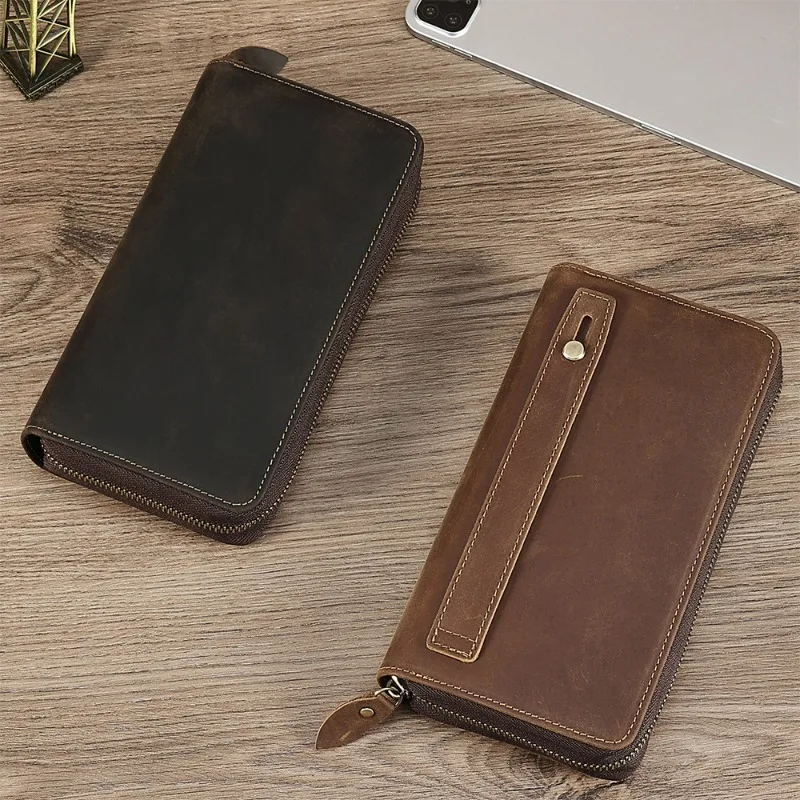 

New Style Men's Clutch Bag Vintage Crazy Horse Leather Long Handbag Genuine Leather Business Zipper Purse Wallet