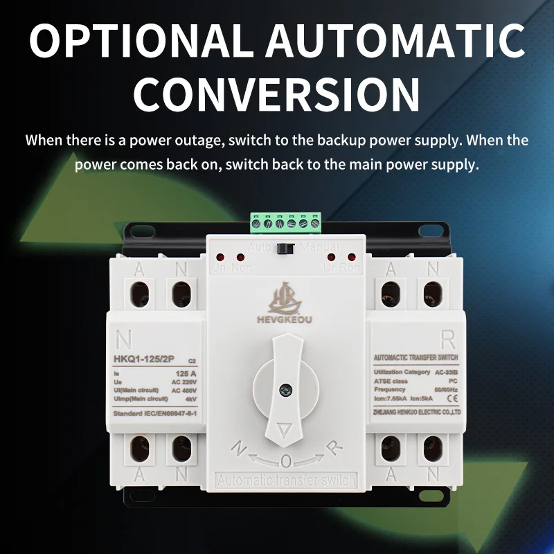 125A 220V Automatic Transfer Switch ATS 2P Dual Power Changeover Switch for Solar Generator Backup Power System