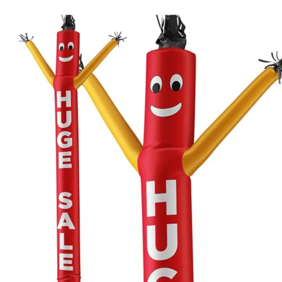 

Business promotion inflatable tube man: 20 ft tall air dancer in red with yellow arms, durable vinyl material, eye-catching wav
