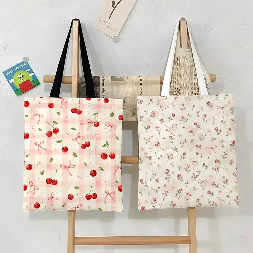 Coquette Cherry Bow Floral Storage Bags Canvas Tote Bag Durable Large Capacity Commute Daily Casual Accessory Gift
