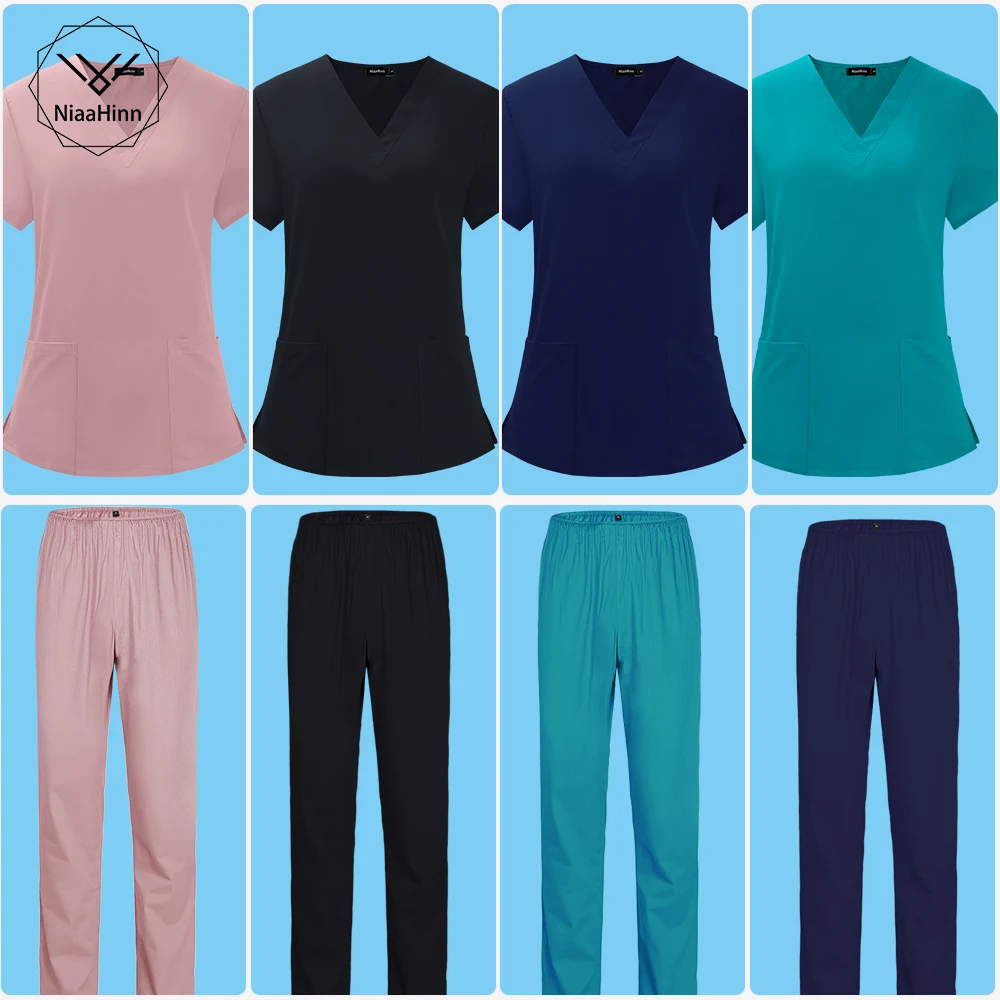 Vrouwen Korte Mouwen V-hals Effen Kleur Verpleging Werk Scrub Uniform Pak Kliniek Verpleegster Uniform Beschermende Kleding Zorg Werknemer lab