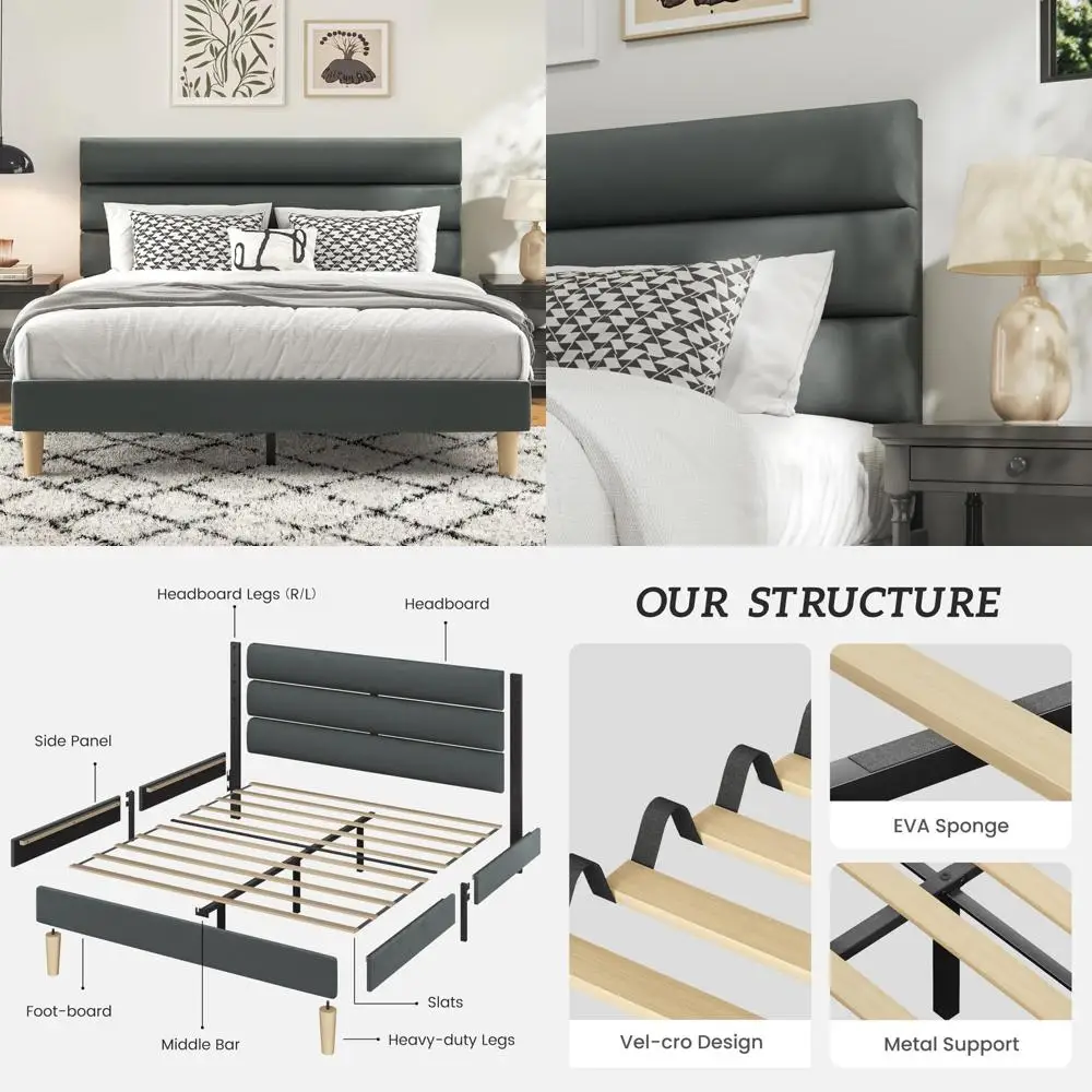 Luxury Velvet Headboard Platform Bed Frame, No Box Spring Required, Strong Metal Construction, Silent Support